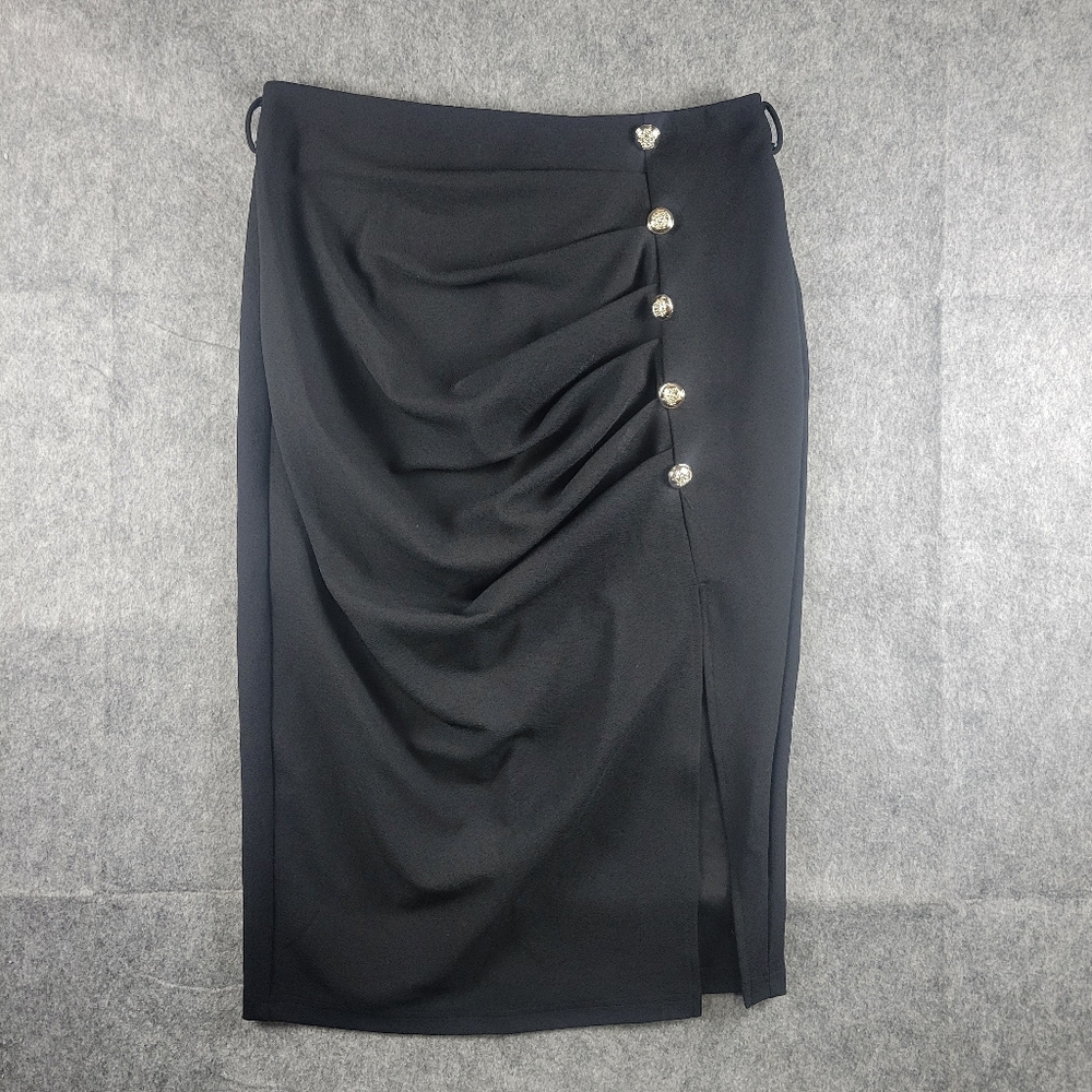 Shein Curve Ruched Split Thigh Gold Button Black Pencil Skirt Womens Size 0XL